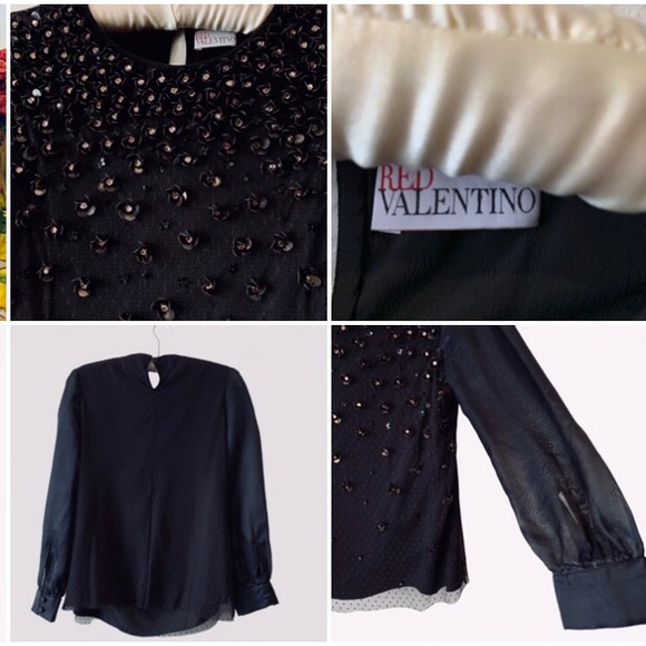RED VALENTINO VINTAGE LONG SLEEVE EMBELLISHED RHINESTONES PULLOVER BLOUSE SIZE M - Picture 4 of 16